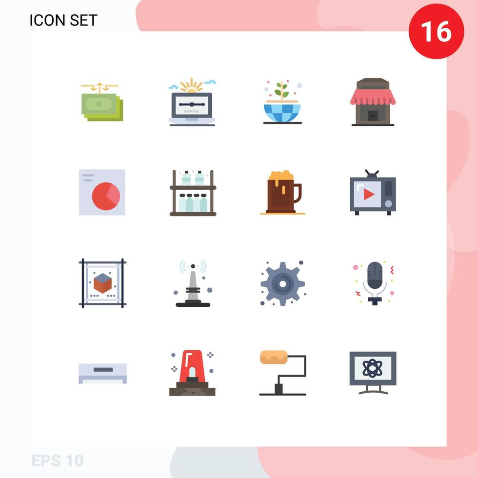 Flat Color Pack of 16 Universal Symbols of pie shop computer real green Editable Pack of Creative Vector Design Elements