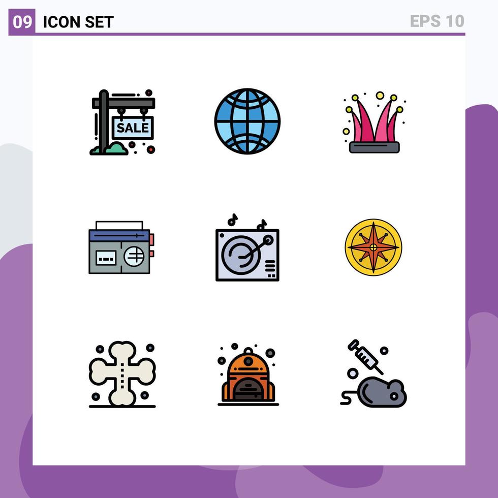 Filledline Flat Color Pack of 9 Universal Symbols of audio music buffoon radio joker cap Editable Vector Design Elements