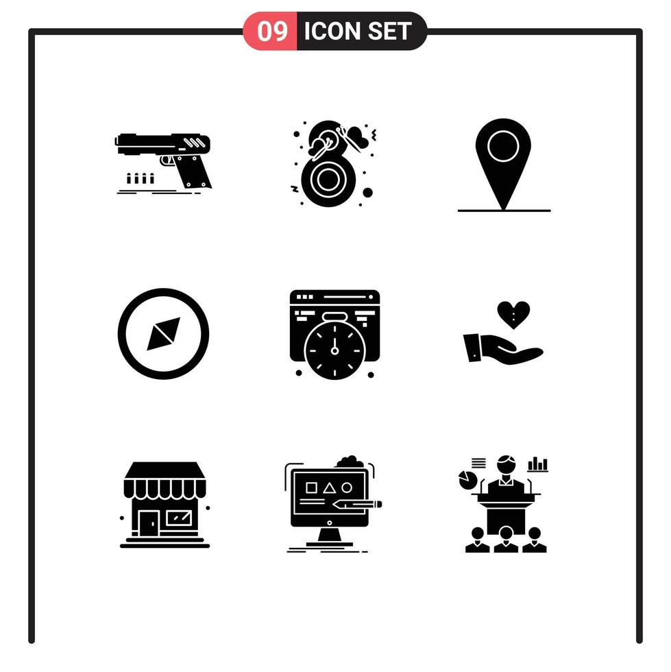 Pack of 9 Modern Solid Glyphs Signs and Symbols for Web Print Media such as charity web fashion development interface Editable Vector Design Elements