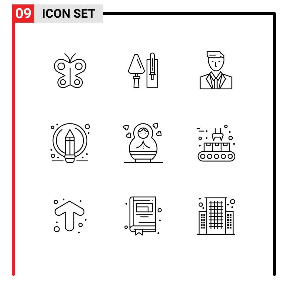 Pack of 9 Modern Outlines Signs and Symbols for Web Print Media such as pencil edit tool writing leader Editable Vector Design Elements