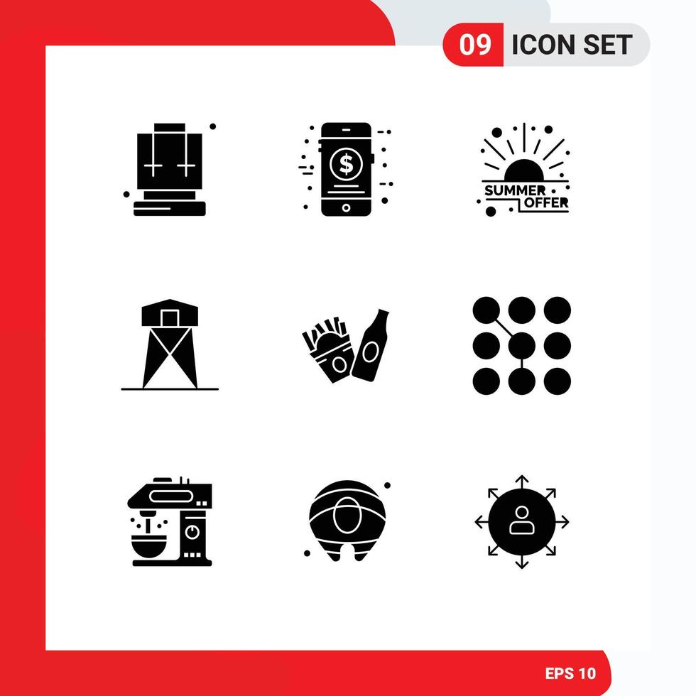 9 Thematic Vector Solid Glyphs and Editable Symbols of bottle tower discount hunt defense Editable Vector Design Elements