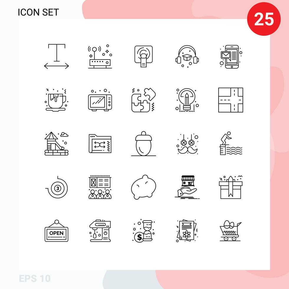 Pictogram Set of 25 Simple Lines of tea mobile finger tuch massage graduation Editable Vector Design Elements