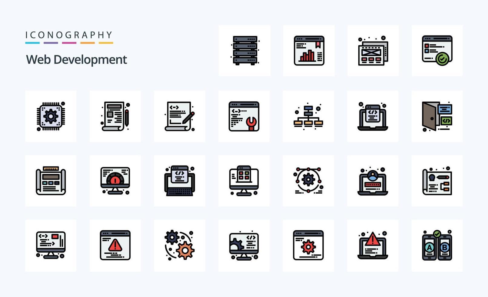 paquete de iconos de estilo lleno de línea de desarrollo web 25 vector