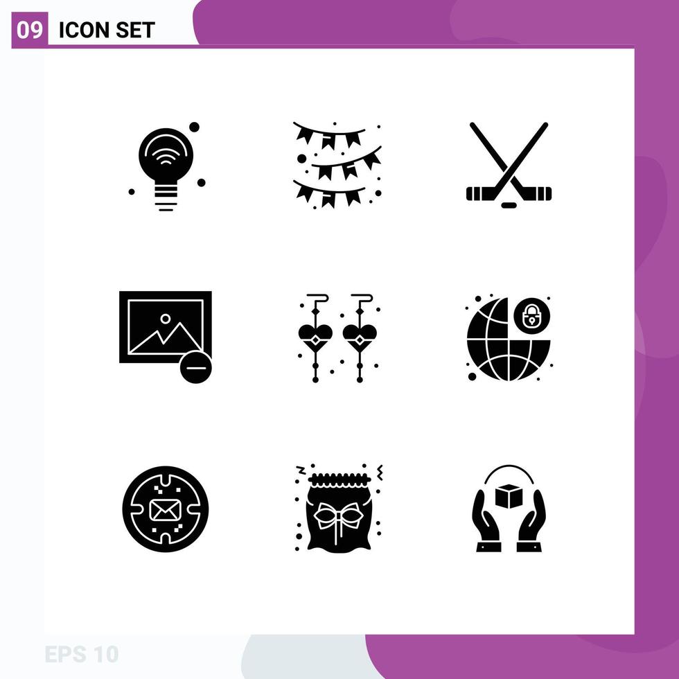 9 User Interface Solid Glyph Pack of modern Signs and Symbols of dangling earrings photo ribbon image american Editable Vector Design Elements