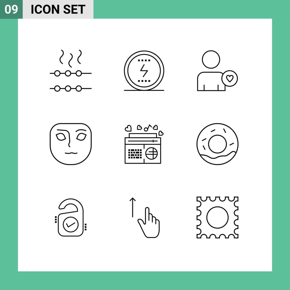 User Interface Pack of 9 Basic Outlines of speaker music man radio face Editable Vector Design Elements