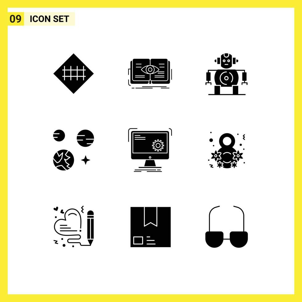 9 Thematic Vector Solid Glyphs and Editable Symbols of command science view earth technology Editable Vector Design Elements