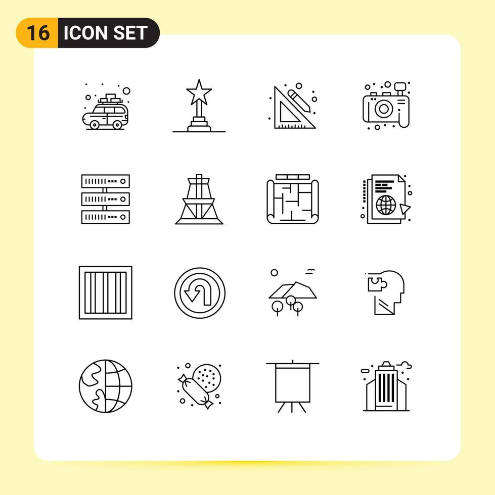 Set of 16 Vector Outlines on Grid for storage computing education photography camera Editable Vector Design Elements