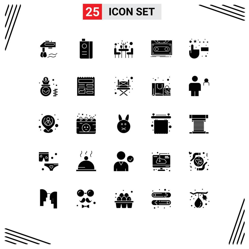 Pictogram Set of 25 Simple Solid Glyphs of customer satisfaction tape fruit juice record cassette Editable Vector Design Elements