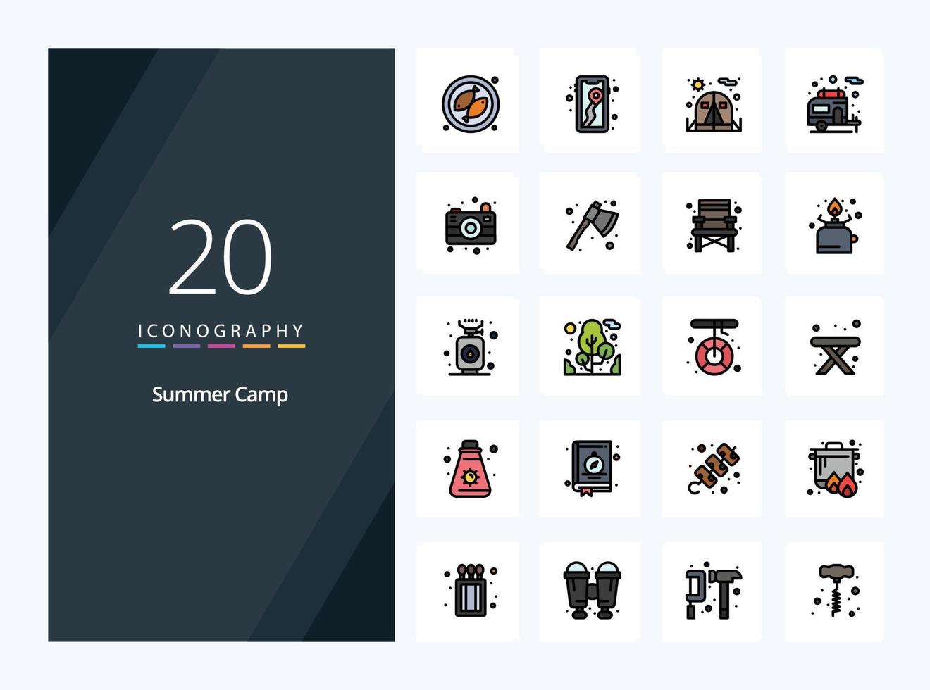 20 Summer Camp line Filled icon for presentation vector