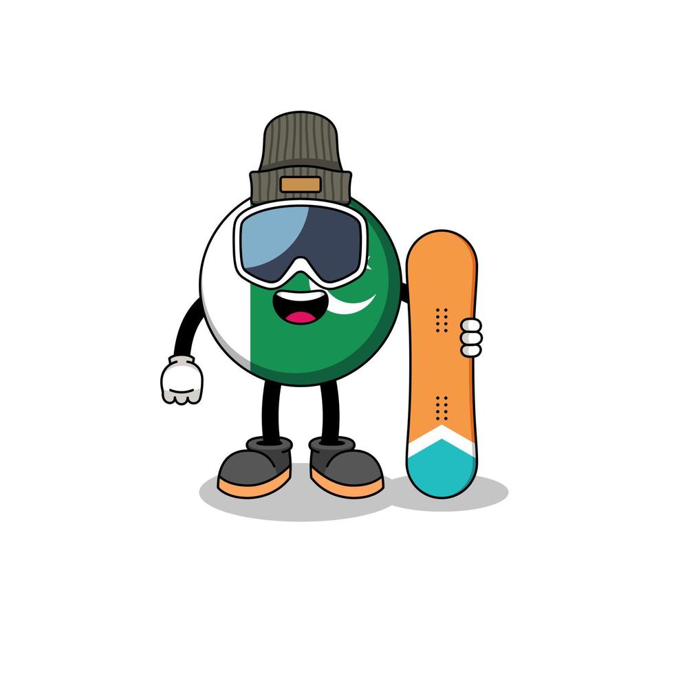 caricatura de la mascota del jugador de snowboard de la bandera de pakistán vector