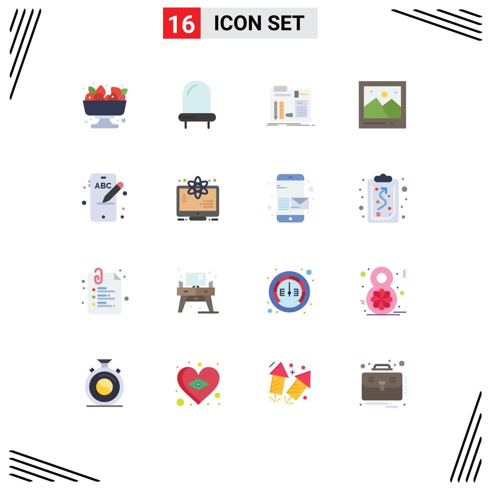 Set of 16 Commercial Flat Colors pack for education picture construct photo camera Editable Pack of Creative Vector Design Elements