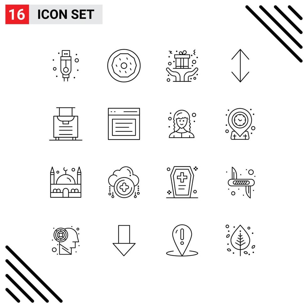 Set of 16 Vector Outlines on Grid for communication luggage christmas baggage down Editable Vector Design Elements