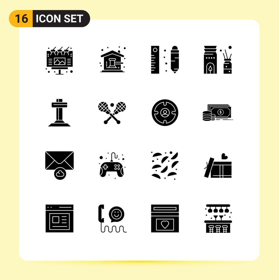 Group of 16 Modern Solid Glyphs Set for celebration relax house burner ruler Editable Vector Design Elements