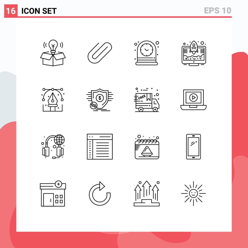 Universal Icon Symbols Group of 16 Modern Outlines of design rocket clock startup entrepreneur Editable Vector Design Elements