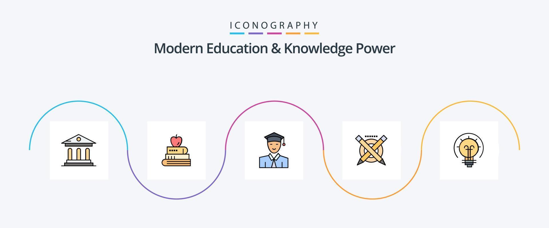la educación moderna y la línea de alimentación del conocimiento llenaron el paquete de iconos planos 5 que incluye energía. línea. alumno. bolígrafo. lápiz vector