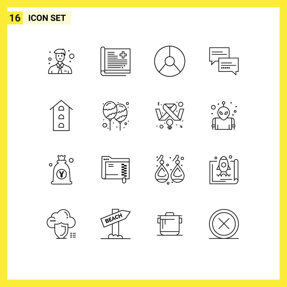 Editable Vector Line Pack of 16 Simple Outlines of buildings message business comment pie Editable Vector Design Elements