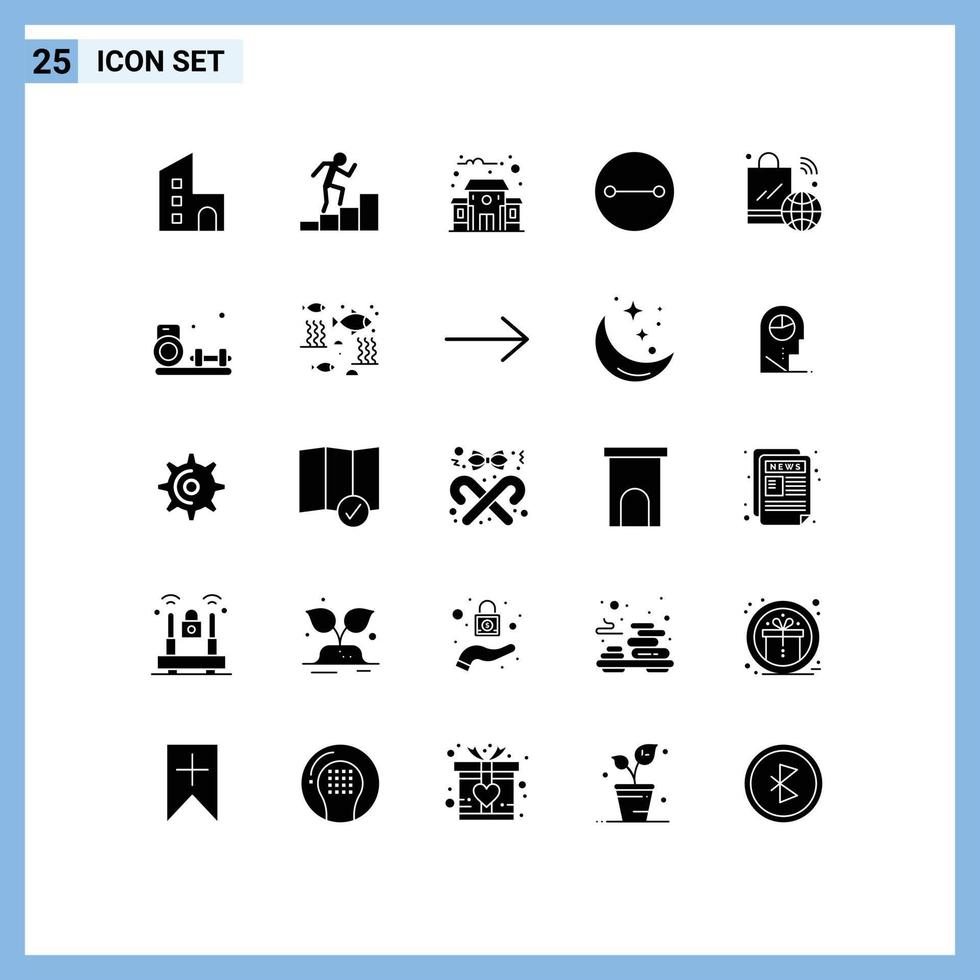Pack of 25 Modern Solid Glyphs Signs and Symbols for Web Print Media such as iot internet building shopping bag beliefs Editable Vector Design Elements