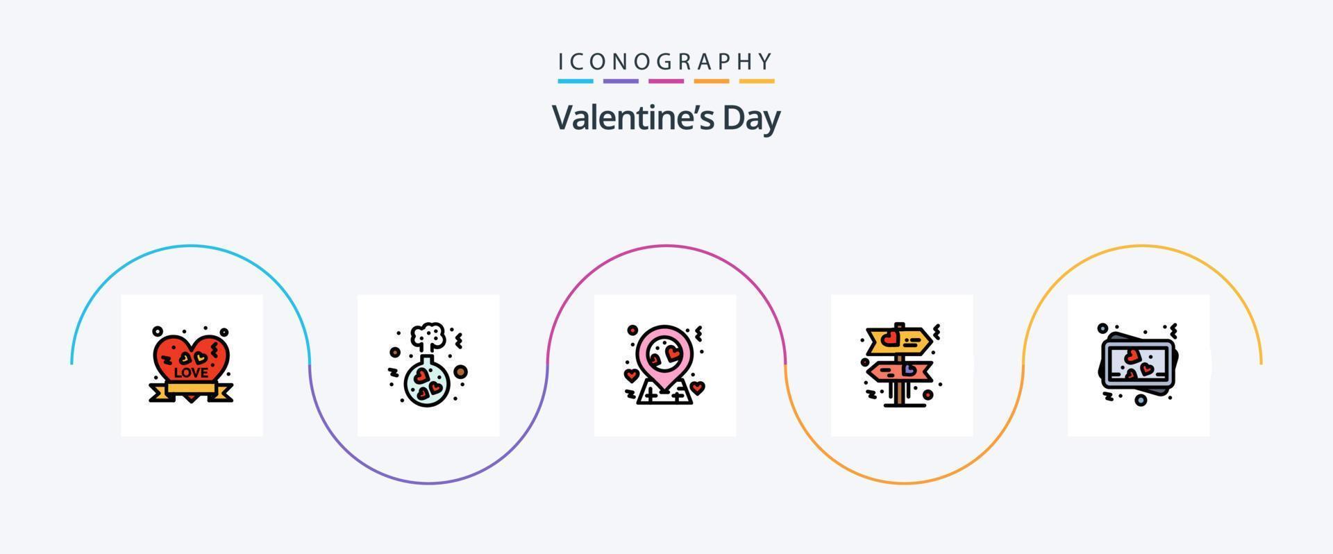 la línea del día de san valentín llenó el paquete de iconos planos 5 que incluye. memoria. ubicación. amar. dirección vector