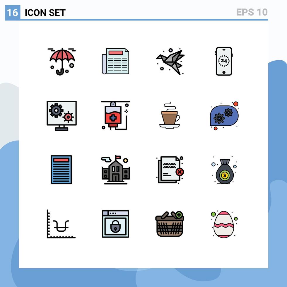 Flat Color Filled Line Pack of 16 Universal Symbols of screen gear folded configure online Editable Creative Vector Design Elements
