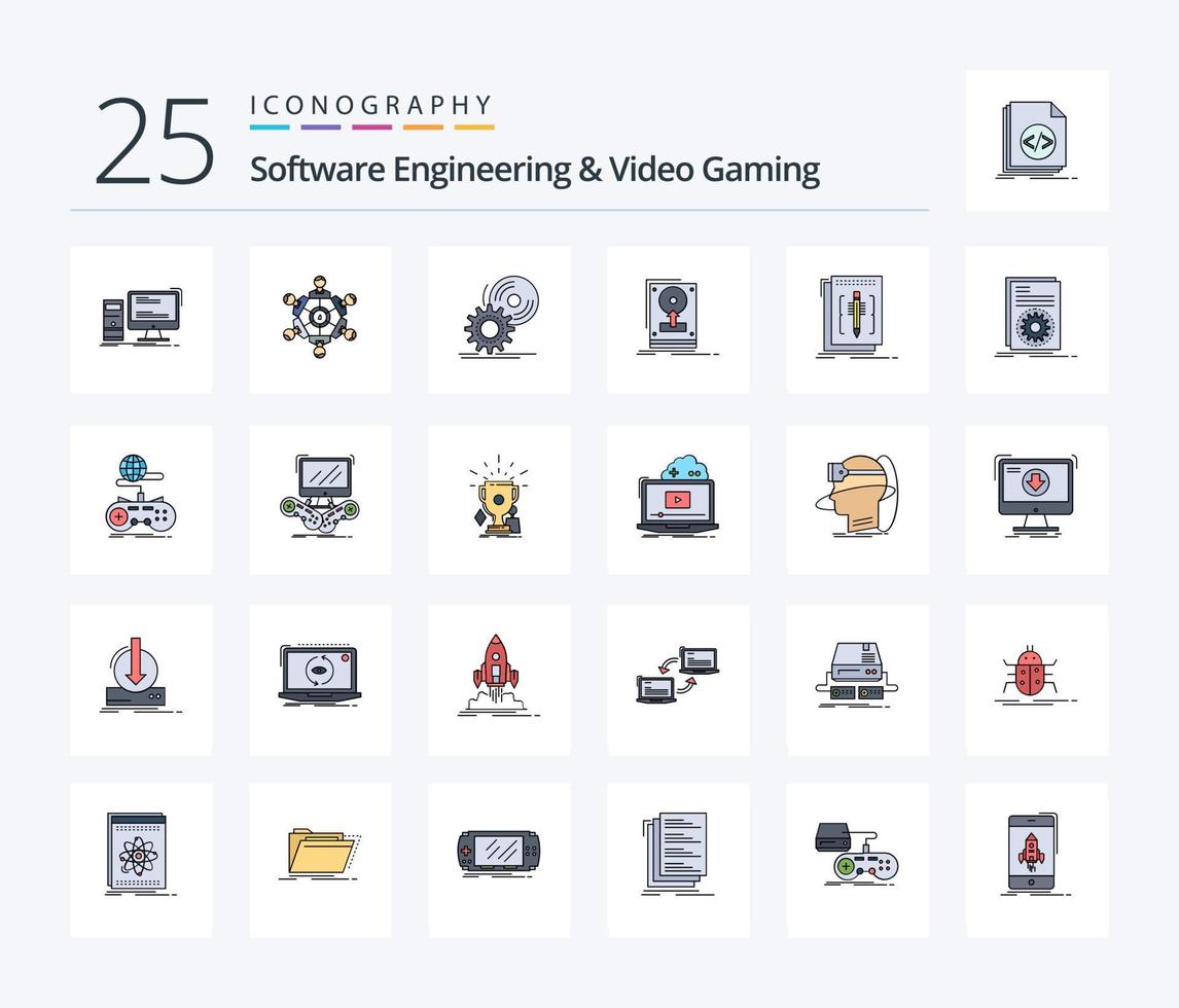 paquete de iconos llenos de 25 líneas de ingeniería de software y videojuegos que incluye disco duro. instalar. juegos. DVD. instalar vector