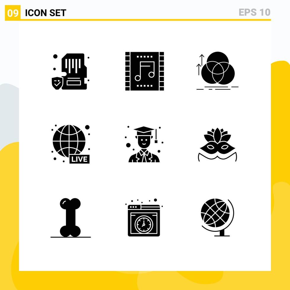 Group of 9 Solid Glyphs Signs and Symbols for news broadcasting music concert geometry alignment Editable Vector Design Elements