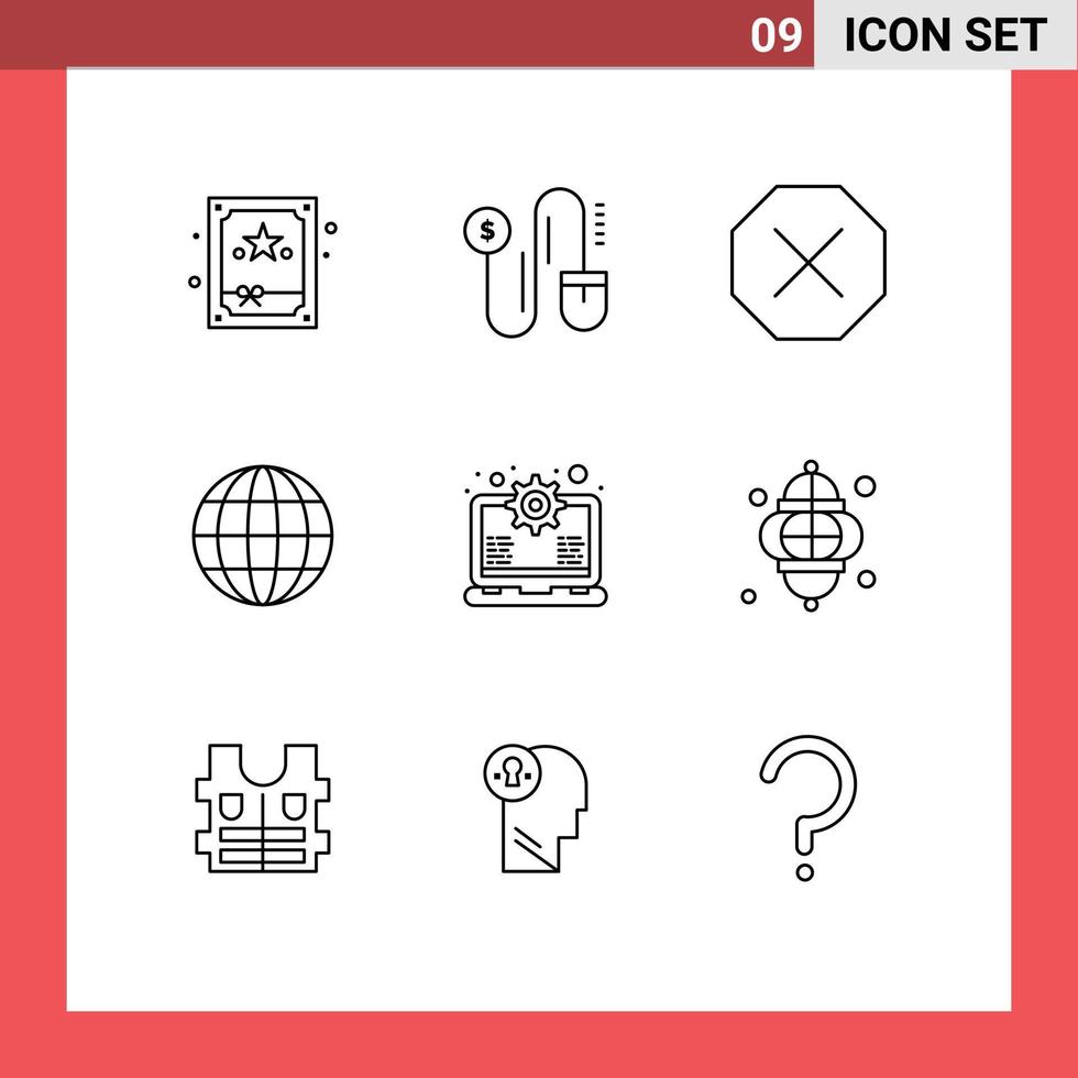Mobile Interface Outline Set of 9 Pictograms of light support denied setting gear Editable Vector Design Elements