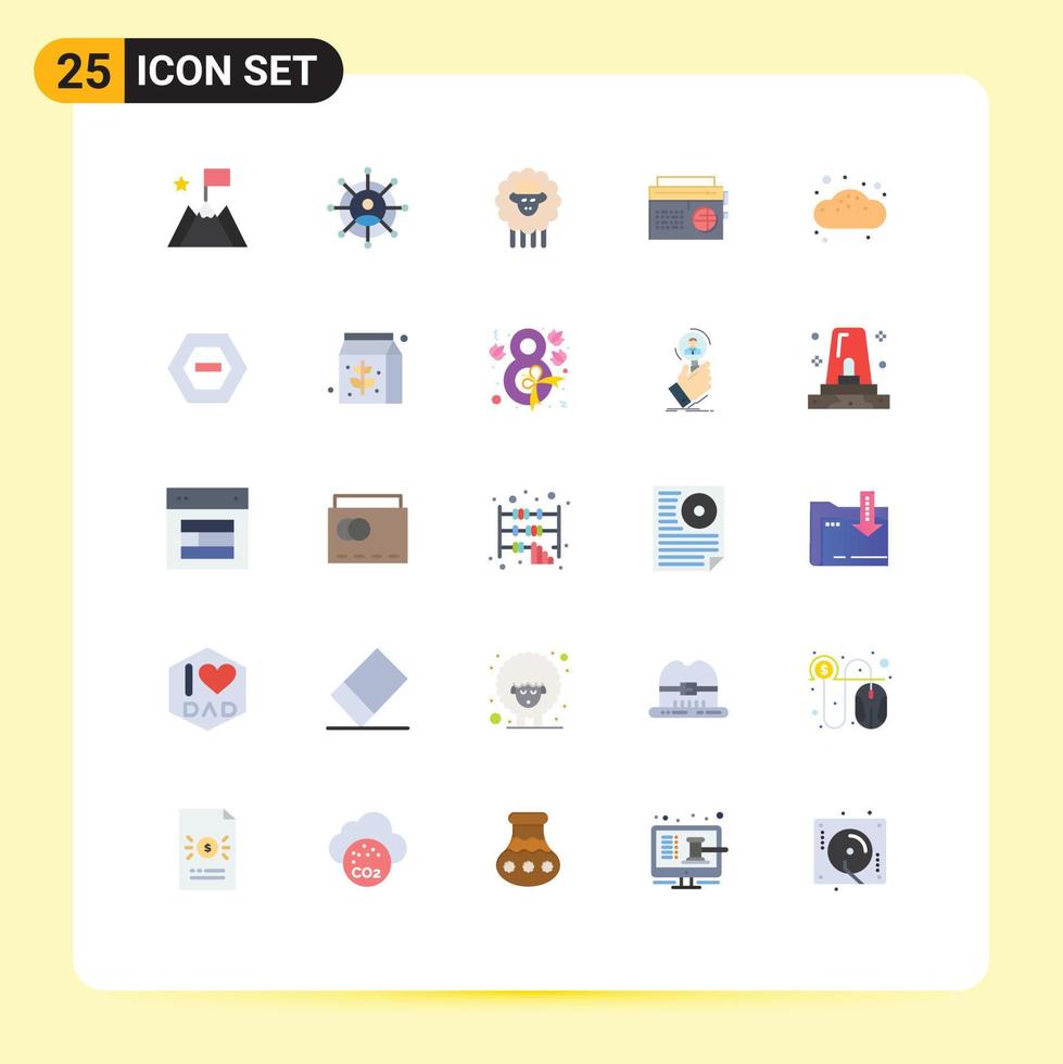 Flat Color Pack of 25 Universal Symbols of bun bakery ram media music Editable Vector Design Elements