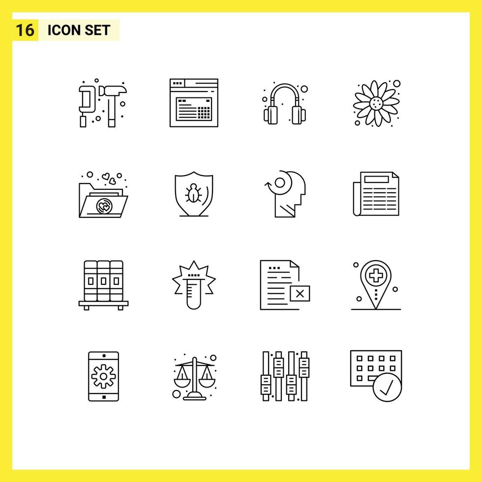 Modern Set of 16 Outlines and symbols such as files sun flower website flower headset Editable Vector Design Elements