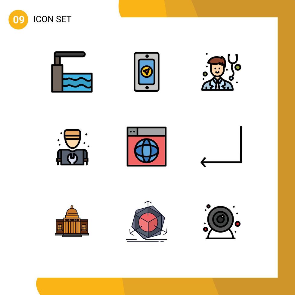 Editable Vector Line Pack of 9 Simple Filledline Flat Colors of world internet stethoscope design repair Editable Vector Design Elements
