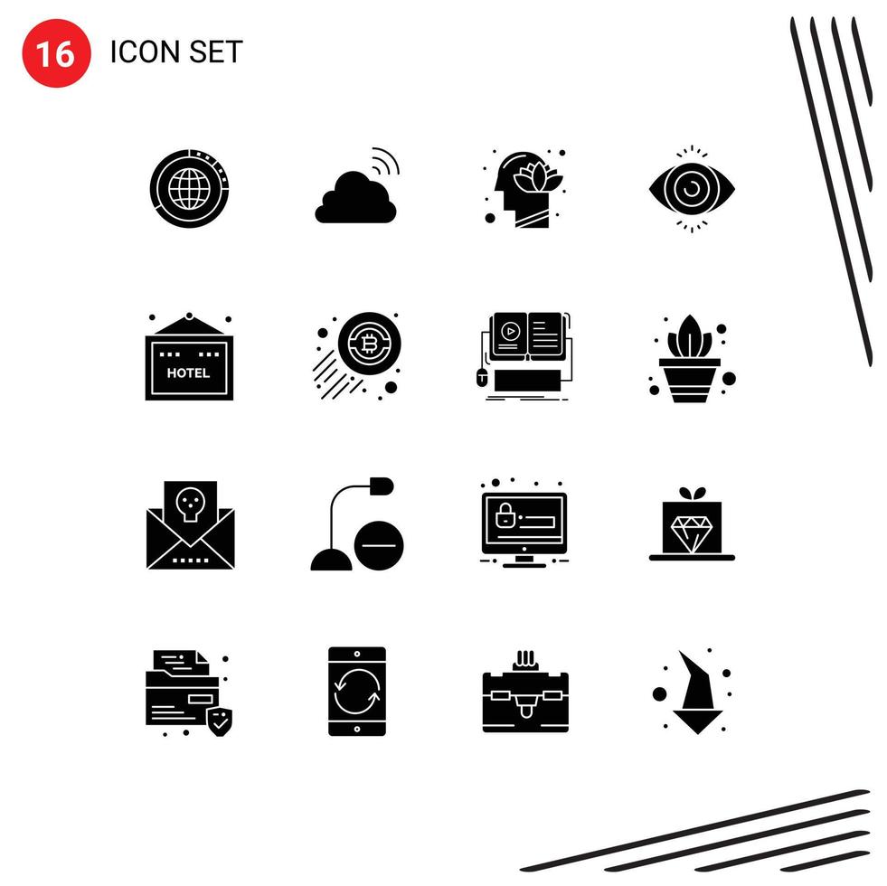 Modern Set of 16 Solid Glyphs and symbols such as eye test lotus rainbow human harmony Editable Vector Design Elements