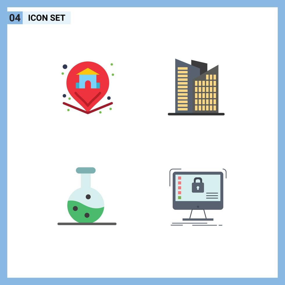 Set of 4 Vector Flat Icons on Grid for location science home skyscraper protection Editable Vector Design Elements