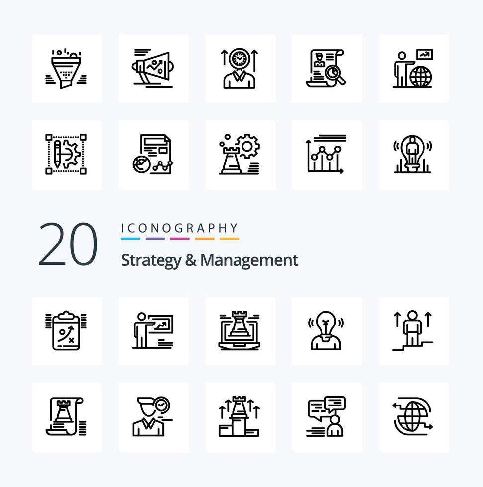 Paquete de 20 iconos de línea de estrategia y gestión como fuerte de estrategia empresarial de filtro de clasificación vector