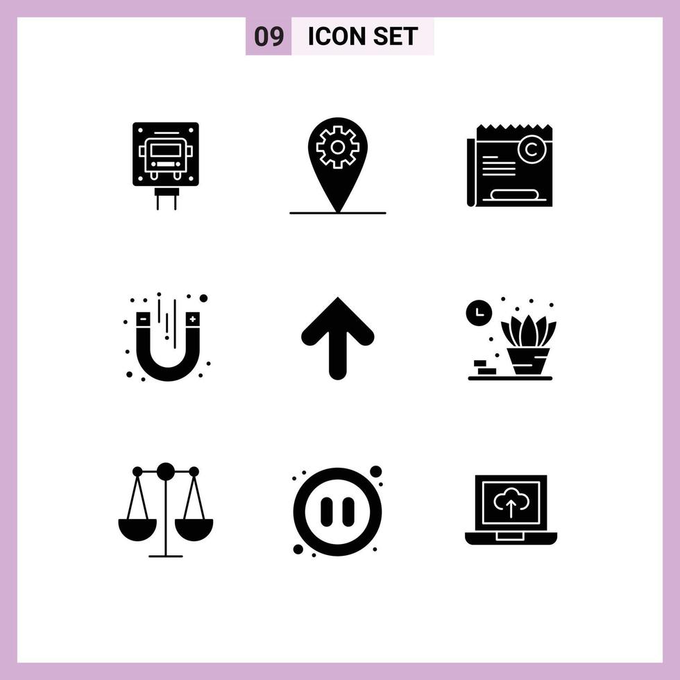 Pack of 9 creative Solid Glyphs of arrow magnetic copyright test laboratory Editable Vector Design Elements