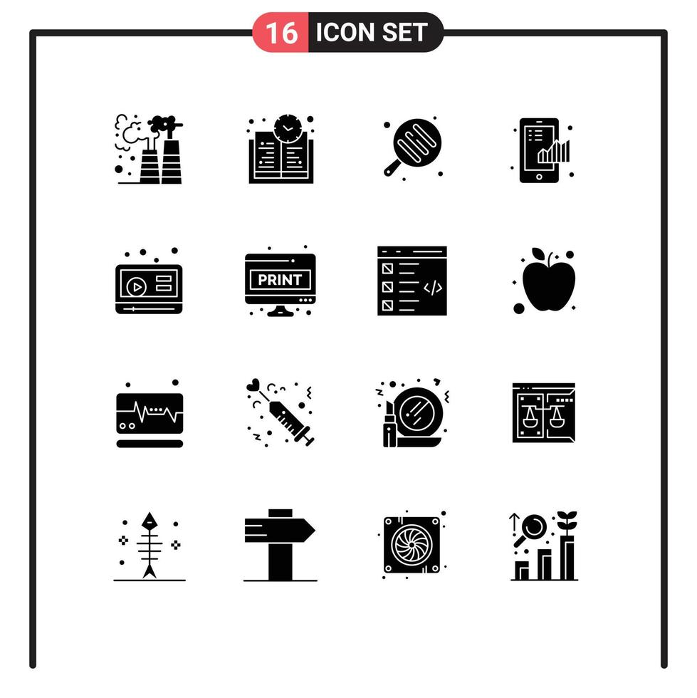 Mobile Interface Solid Glyph Set of 16 Pictograms of youtube marketing cooking statistical finance Editable Vector Design Elements