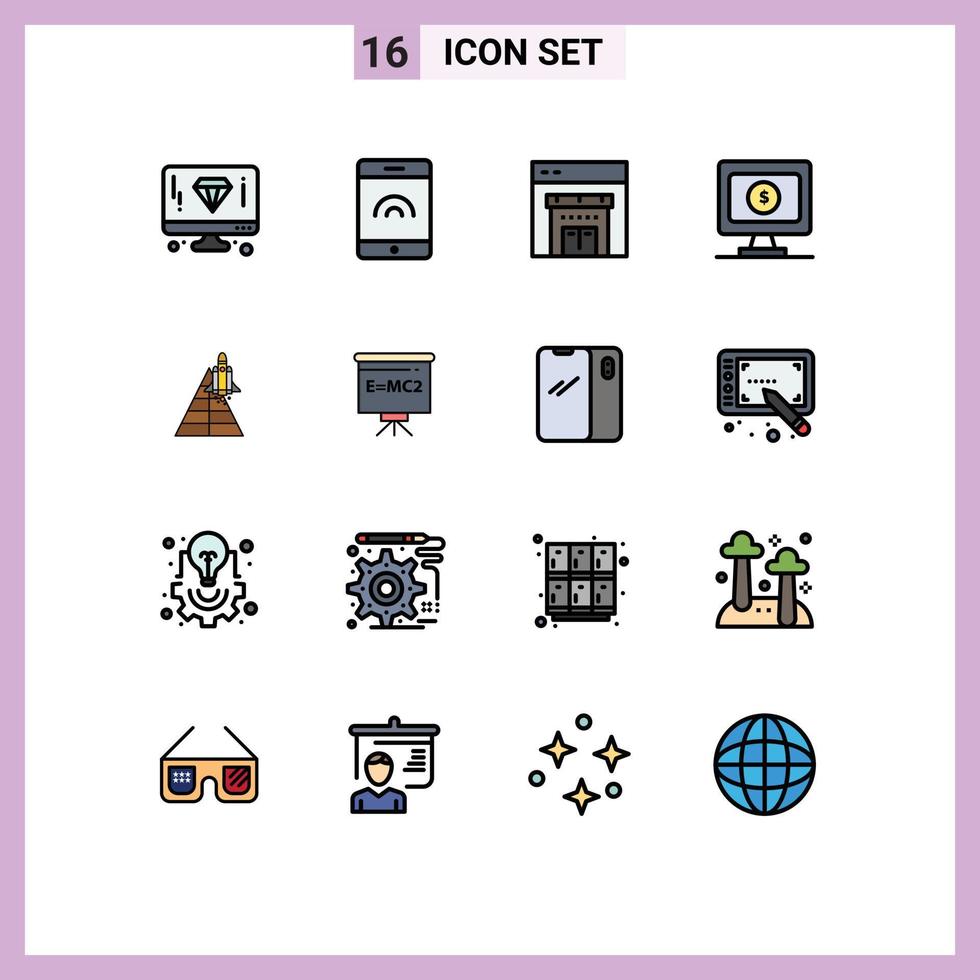 Flat Color Filled Line Pack of 16 Universal Symbols of classroom space craft shopping aircraft space Editable Creative Vector Design Elements