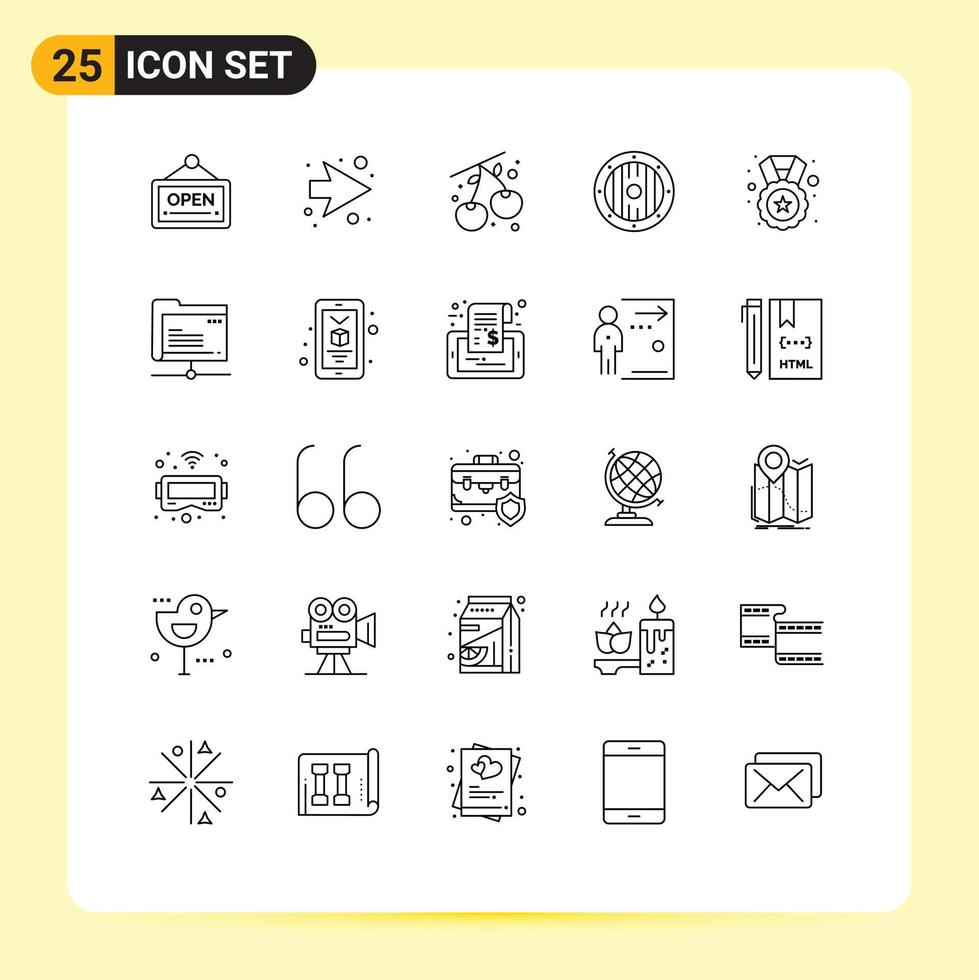 Editable Vector Line Pack of 25 Simple Lines of badge reward cherry medal shield Editable Vector Design Elements