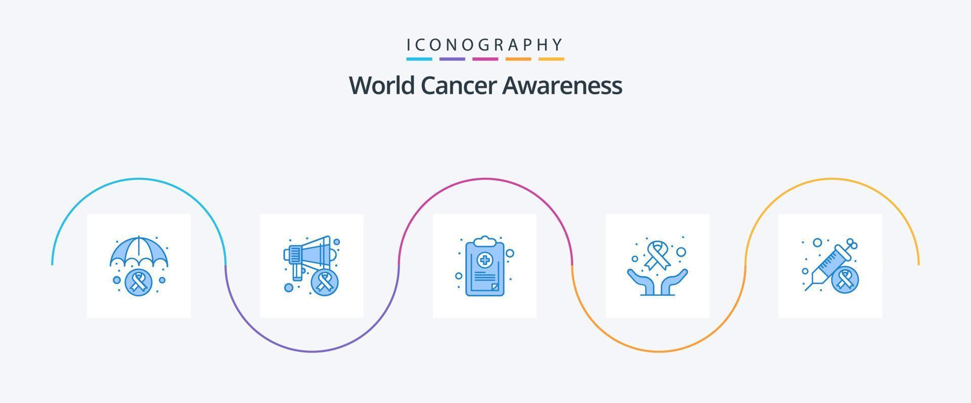 paquete de iconos azules 5 de conciencia mundial sobre el cáncer, incluido el cáncer. día del cáncer. cuadro. manos. síntoma vector