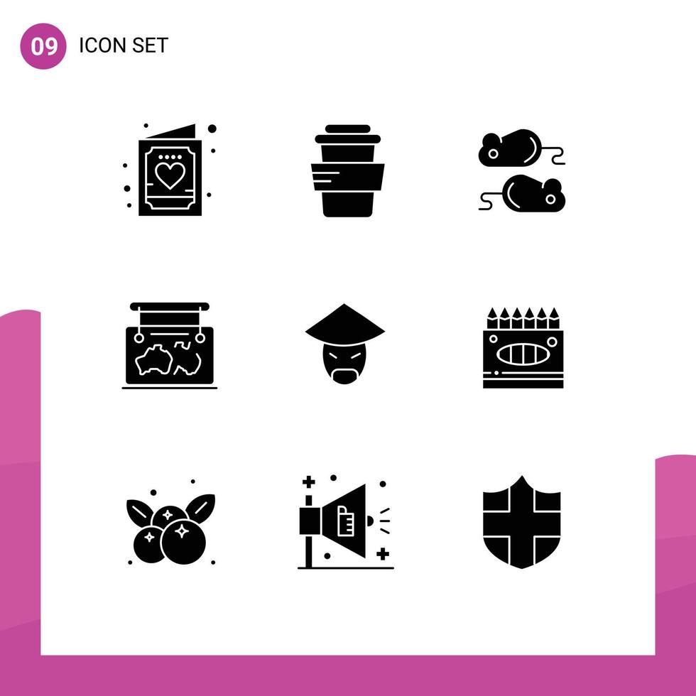 Group of 9 Modern Solid Glyphs Set for emperor guide closing location frame Editable Vector Design Elements