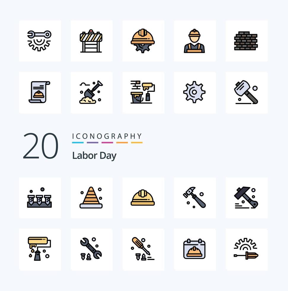 paquete de iconos de color lleno de línea de 20 días del trabajo como martillo herramienta herramienta construcción trabajo casco vector