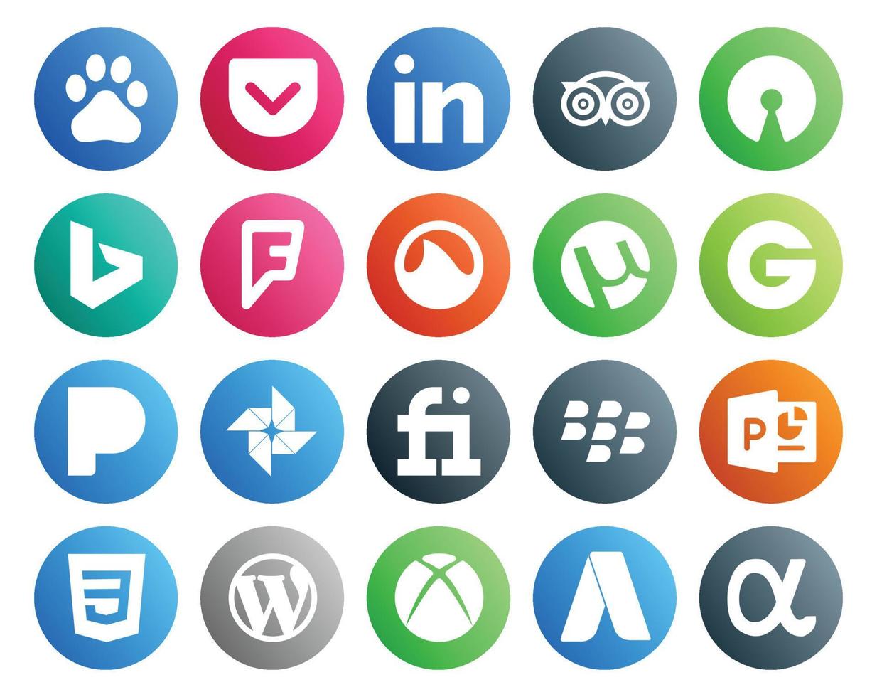 Paquete de 20 íconos de redes sociales que incluye wordpress powerpoint grooveshark blackberry photo vector