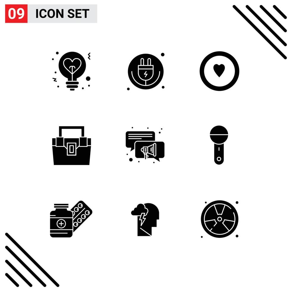 Set of 9 Commercial Solid Glyphs pack for toolkit construction iot box circle Editable Vector Design Elements