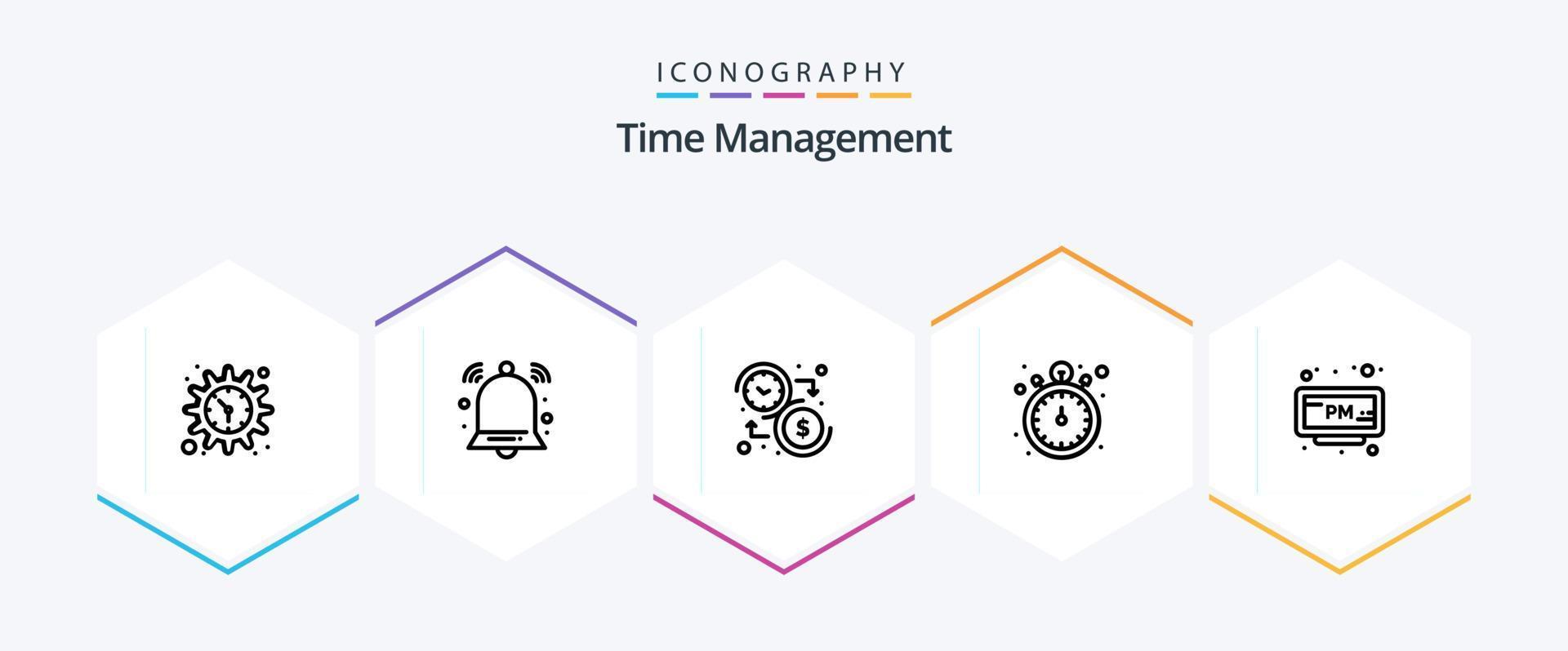 paquete de iconos de 25 líneas de gestión del tiempo que incluye alarma. Temporizador. presupuesto. detener el reloj arriba abajo vector