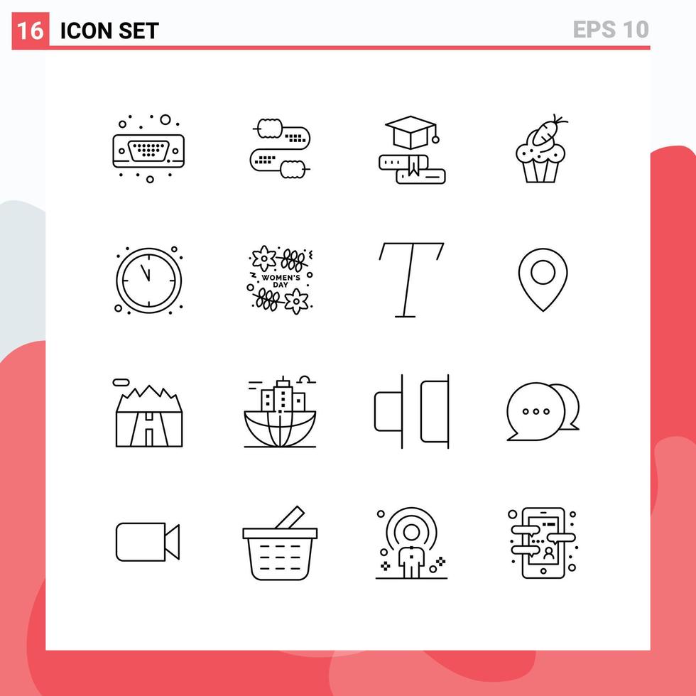 Modern Set of 16 Outlines Pictograph of clock easter books food cake Editable Vector Design Elements