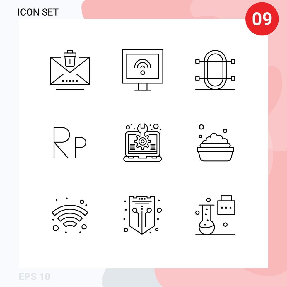 Modern Set of 9 Outlines and symbols such as design rupiah crew indonesian sport Editable Vector Design Elements