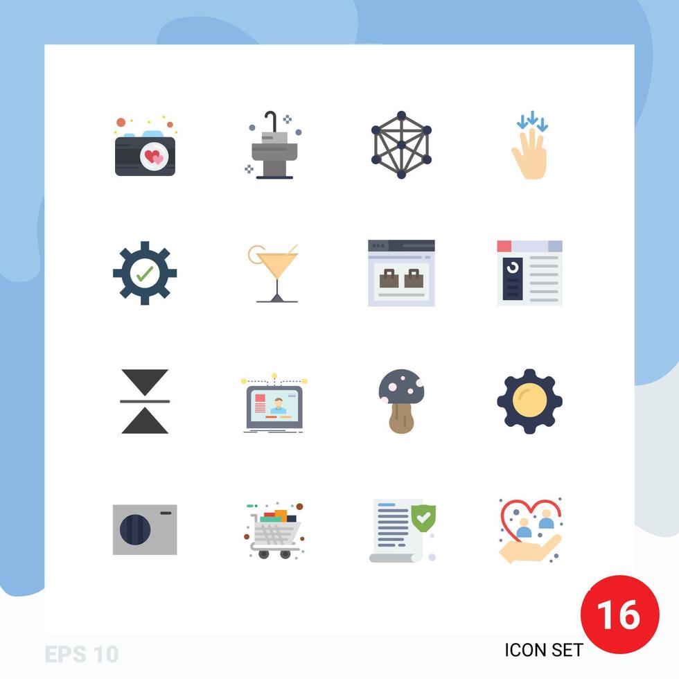 paquete de 16 signos y símbolos modernos de colores planos para medios de impresión web, como cócteles, equipo de aprendizaje, flecha, paquete editable de elementos creativos de diseño de vectores