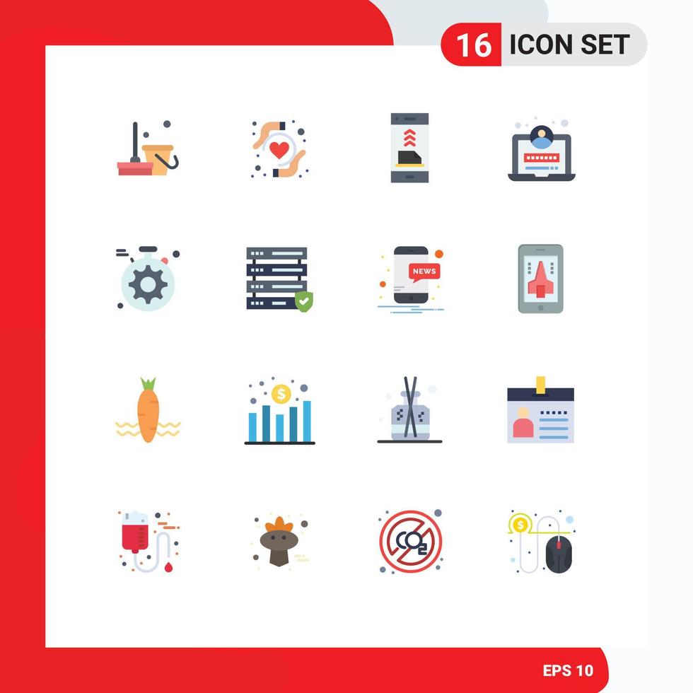 16 User Interface Flat Color Pack of modern Signs and Symbols of setting server contact login development Editable Pack of Creative Vector Design Elements