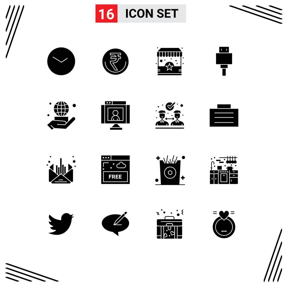 16 User Interface Solid Glyph Pack of modern Signs and Symbols of storage devices inr stand shop Editable Vector Design Elements