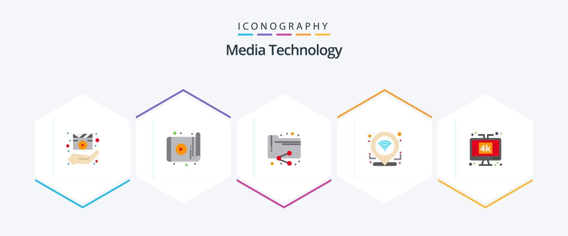 tecnología de medios 25 paquete de iconos planos que incluye conexión. GPS. dispositivo. facturar documentos vector