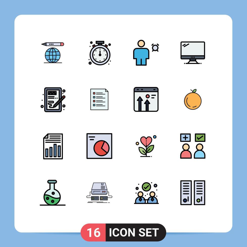 Pictogram Set of 16 Simple Flat Color Filled Lines of pc device alarm monitor timer Editable Creative Vector Design Elements