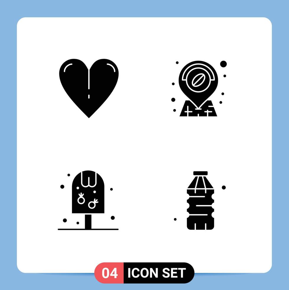 4 Universal Solid Glyph Signs Symbols of heart food coffee ice drink Editable Vector Design Elements